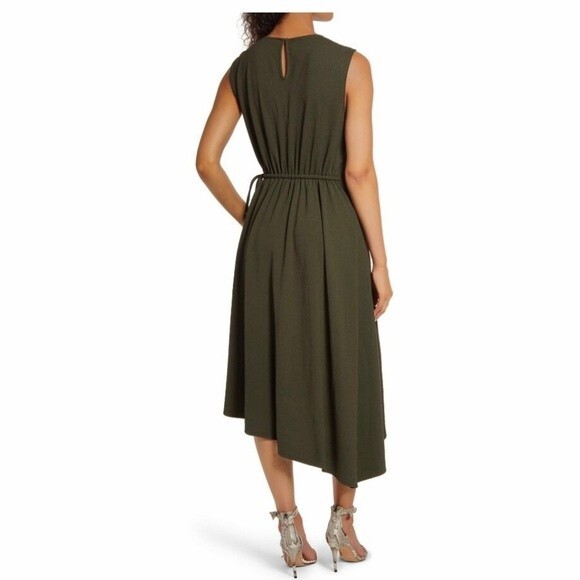 Maggy London Asymmetrical Drape Midi Dress In Olive 2 NWT - Picture 13 of 15